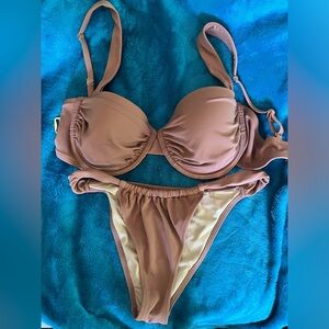 Shade & Shore Tan Brown Bikini Underwire top 36 C plus S ruched bottoms NWOT